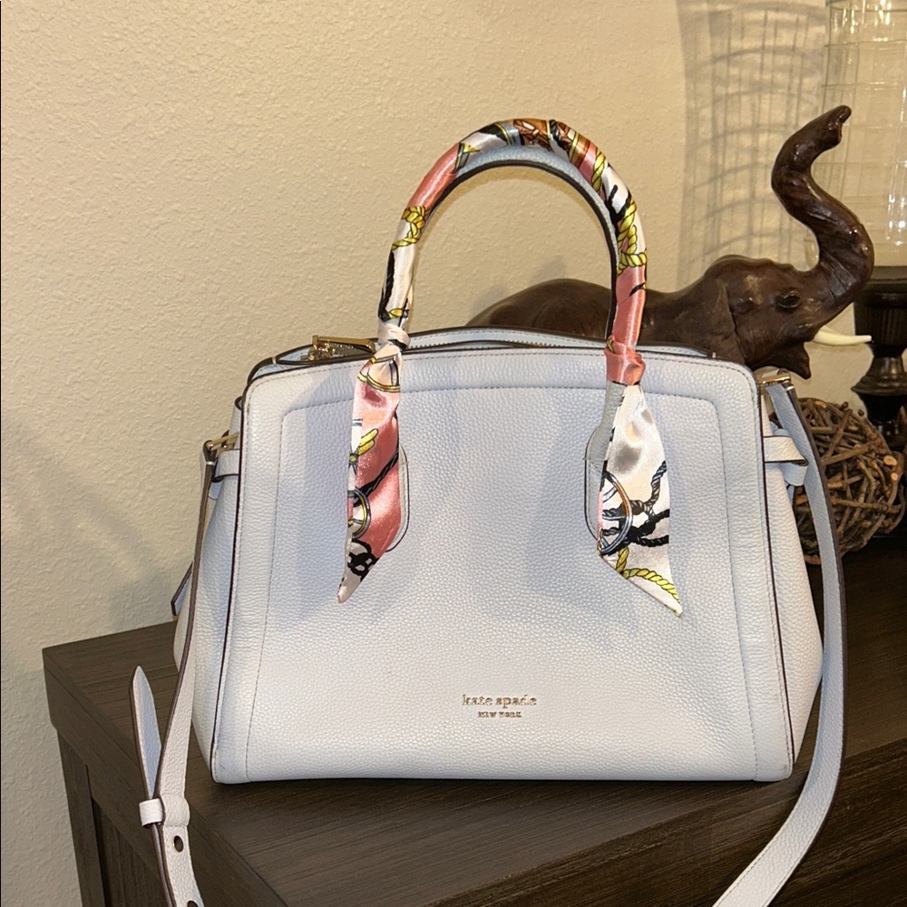 kate spade White Pebbled Leather Satchel with Pink Scarf Wraps